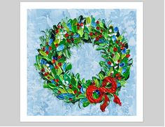 a painting of a christmas wreath on a blue background