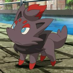 an animated image of a cat with red and blue eyes standing in front of a body of water