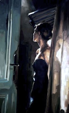 a painting of a woman standing in front of a window with her back turned to the camera