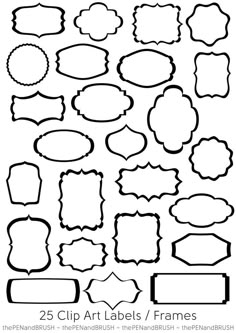 the 25 clip art labels frames are shown in black and white, each with different shapes