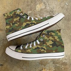 These camouflage shoes are definitely going to be seen! We buy each pair of shoes BRAND NEW. Each pair is made to order, please make sure you put in the correct shoe size before you check out. The ink is permanent and will never come off, fade away, or peel off. Made in the USA. This price includes everything: shoes, artwork, and shipping. Thanks for stopping by our Etsy shop! Please message me with any questions! Because the artwork is custom made for you, there are no exchanges or returns. If Low-top Camouflage Sneakers With Rubber Sole, Camouflage Round Toe Sneakers For Streetwear, Camouflage Low-top Sneakers For Outdoor, Low-top Camouflage Sneakers For Outdoor, Outdoor Camouflage Low-top Sneakers, Camouflage High-top Sneakers With Rubber Sole, Camouflage Sneakers For Outdoor With Round Toe, Camouflage Sneakers With Round Toe For Outdoor, Camouflage Sneakers For Outdoor