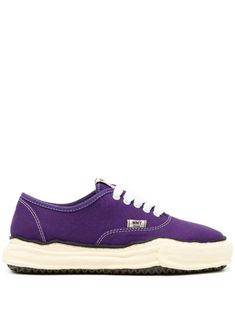 dark purple cotton canvas logo tag contrasting laces round toe front lace-up fastening branded insole chunky rubber sole Maison Mihara Yasuhiro, Maison Mihara, Logo Tag, Canvas Sneakers, Dark Purple, Lace Front, Cotton Canvas, Rubber Sole, Shoes Sneakers