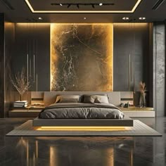 a modern bedroom with black and gold decor