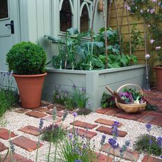 an assortment of plants and flowers in front of a house with brick walkway leading up to the door