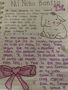 a note written in spanish with an image of a dog and a bow on it