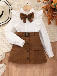 Tween Girl Ruffle Trim Bow Front Shirt & Belted Skirt Brown     Colorblock  Non-Stretch  Tween Girls Clothing, size features are:Bust: ,Length: ,Sleeve Length: Western Girl Outfits, Brown Skirt, Brown Outfit, Half Skirt, Skirt Belt, Kawaii Clothes, Fashion Kids