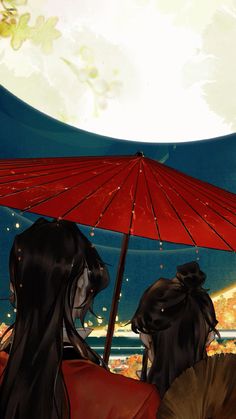 two people sitting under an umbrella in front of a cityscape with the moon behind them