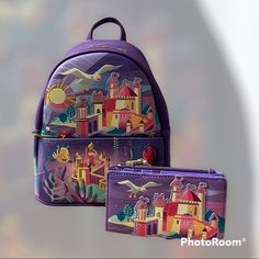 This Set Is Part Of A Collection Series Of Disney Princesses And Their Respective Castles And Scenery. This Mini Backpack And Wallet Come From The Animated Series "The Little Mermaid" And Features The Castle And Shore On The Front Bag. The Back Of The Bag Shows The Iconic Scene Where Ariel Comes Out Of The Sea With Her Sparkly Dress And Runs Into The Arms Of Eric. The Wallet Is Identical To The Bag Decor And Has A Cute Clam Shaped Id/Dl Frame. Packaged With Care Purple Backpack For Disney Trips, Purple Standard Backpack Bags For Gifts, Purple Standard Backpack Bag Perfect For Gifts, Purple Standard Backpack Bags As Gift, Purple Standard Backpack Bag As Gift, Purple Travel Pouch Wallet, Purple Travel Wallet Pouch, Purple Pouch Wallet For Travel, Ariel Castle