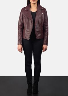 It's cool, modern and super stylish. The Flashback Maroon Leather Biker Jacket made with awesome quality, sheepskin leather and a semi-aniline finish. Highlighting its minimalist style are the cool epaulettes, notch detail, zipper cuffs and not forgetting two outside pockets and quilted polyester lining that work together to give you a style staple that is timeless and effortlessly suited to any personal style. From vintage vibes, to modern sentiments, artsy elements or rustic reminiscing. Leather Jacket With Asymmetrical Zip For Fall, Asymmetrical Zip Leather Jacket For Fall, Burgundy Biker Jacket For Work In Winter, Burgundy Leather Biker Jacket For Fall, Burgundy Biker Jacket For Winter, Burgundy Leather Jacket With Long Sleeves, Burgundy Biker Jacket, Fitted Burgundy Leather Jacket, Fitted Burgundy Leather Biker Jacket