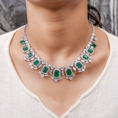 Zambian Emerald SI/H Baguette Diamond Necklace 14k White Solid Gold 41.64 Tcw Elegant Baguette Cut Emerald Necklace For Formal Occasions, Elegant Baguette Cut Emerald Necklace For Formal Events, Elegant Formal Baguette-cut Emerald Necklace, Hallmarked Green Diamond Necklace, Formal Fine Jewelry Emerald Necklace With Baguette Cut, Formal Baguette Cut Emerald Necklace In Fine Jewelry Style, Formal Fine Jewelry Baguette Cut Emerald Necklace, Luxury Baguette Cut Emerald Necklace For Formal Occasions, Luxury Baguette-cut Emerald Necklace For Formal Occasions