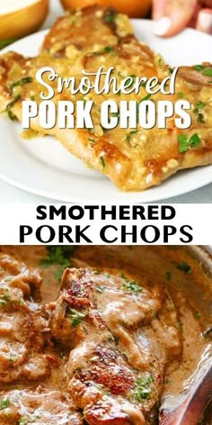 there are two pictures of pork chops on the same plate