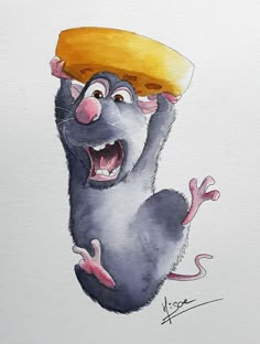 Dessin à l'encre du rat du film Ratatouille en train de courir en portant son fromage Ratatouille Fanart, Ratatouille Illustration, Ratatouille Painting, Rat Animation, Cute Zeichnungen, Pixar Drawings