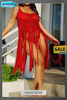 Fun In Fringe Metallic Cover Dress Red Fringe Dresses For Summer, Fringe Beach Dress For Cover-up, Red Fringe Summer Dress, Sleeveless Red Dress With Fringe, Casual Fringe Beach Cover-up Dress, Spring Crochet Fringe Dress For Beach Cover-up, Summer Sleeveless Fringe Cover-up, Crochet Fringe Dress For Beach Cover-up, Dress Cover