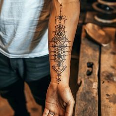 Detailed geometric forearm tattoo design in craftsman's workshop, showcasing symbols and patterns. Geometric Forearm Tattoo, Tattoo For Back, Scroll Tattoos, Map Tattoos, Tattoo Set, Forearm Tattoos, Forearm Tattoo, Showcase Design