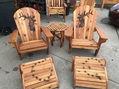 a group of wooden chairs and stools sitting on top of a cement floor next to each other