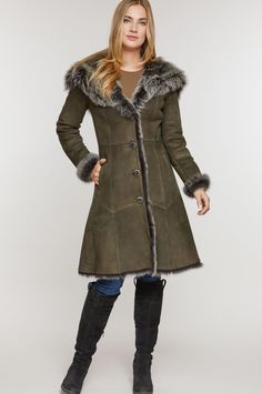 Theodora Hooded Toscana Sheepskin Coat | Overland Hooded Sheepskin Winter Outerwear, Shearling Long Fur Coat For Cold Weather, Long Shearling Fur Coat For Cold Weather, Shearling Long Coat For Cold Weather, Hooded Sheepskin Outerwear With Faux Fur Trim, Sheepskin Hooded Outerwear With Faux Fur Trim, Hooded Outerwear With Faux Fur Trim In Sheepskin, Hooded Outerwear With Faux Fur Trim And Sheepskin, Winter Suede Fur Coat With Faux Fur Trim