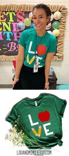 Perfect teaching t-shirt! Such a cute outfit idea for an elementary teacher- or middle or high school! It is so soft and comfy, and such a great way to show some love to your students. The apple and pencils are a fun touch to LOVE too! #teacheroutfit #iloveteaching #teacherlife School Spirit Tops For Back To School Teaching, Back To School Spirit Tops For Teaching, Casual Tops For Teaching, Back To School, Teacher Appreciation Crew Neck T-shirt For Back To School, Green School Spirit Tops For School, Green Pre-shrunk Tops For School, Green Short Sleeve T-shirt For School, Green Letter Print T-shirt For End Of School Year, Green Graphic Tee For School