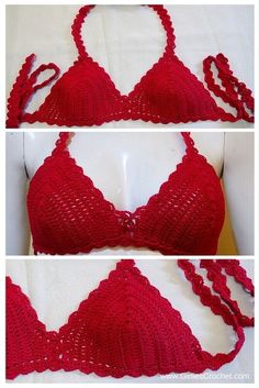 two pictures of red bras with crochet on them