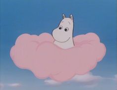 a cartoon character floating in the sky on a pink cloud