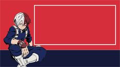 an anime character sitting on the ground in front of a red and blue background with a white rectangle