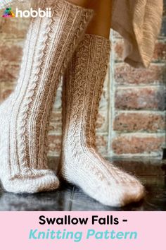 the legs and ankles of a woman wearing knitted socks with text overlay that reads,