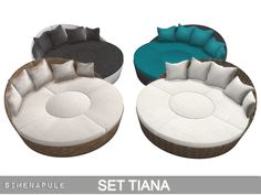 three different types of sofas with cushions and pillows on each one, set tiana