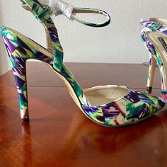 Pair Of Multicolor Satin Heels With Green Hue. Heels Are Just Under 5 Inches Unworn. No Tags But New Size 9 Multicolor Heels With 4-inch Heel For Night Out, Multicolor 4-inch Heels For Party, Multi Color Pink & Green Pumps, Multicolor 4-inch Heel Spring Heels, Multicolor Synthetic Heels With 4-inch Heel, Satin Heels, Michael Antonio, Shoes Women Heels, Shoes Heels