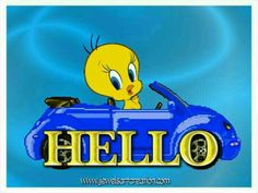 a cartoon character driving a blue car with the word hello on it