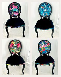 four pictures of an old chair with different designs on the back and sides, all painted black