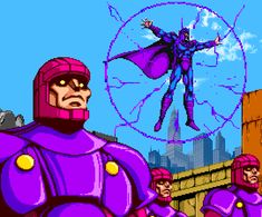 an old - school video game with two men in purple outfits and one man wearing a red helmet