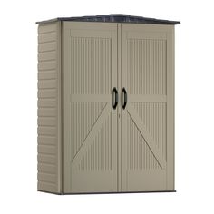 an outdoor storage shed with two doors