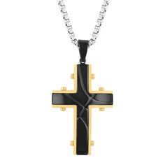 Stainless steel rivet cross pendant with black and gold-tone plating. Includes a 24-inch stainless steel rolo link chain necklace with lobster claw closure. Black Metal Cross Necklace With Adjustable Chain, Black Metal Cross Necklace, Black Metal Cross Pendant Necklace, Black Cross Jewelry With Adjustable Chain, Black Jewelry With Adjustable Chain And Cross Pendant, Black Metal Crucifix Necklace, Black Metal Crucifix Cross Necklace, Black Cross Pendant Chain Necklace, Black Cross Pendant Necklace With Chain