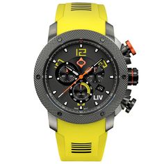 Shop Venom Yellow LIV GX1 Swiss Quartz Watch – LIV Swiss Watches Modern Yellow Chronograph Watch With Tachymeter, Liv Watches, Expensive Watches, Watches Unique, Classic Watches, Casual Watches, Beautiful Watches, Black Accents, Swiss Watches