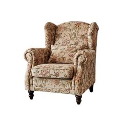 an upholstered chair with floral fabric on the armrests and foot rest