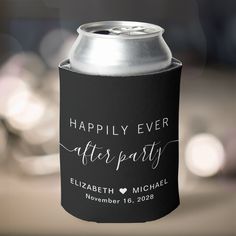 a black and white can cooler with the words happily ever after party written on it