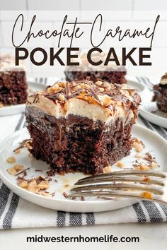 chocolate caramel poke cake on a white plate with a fork in front of it