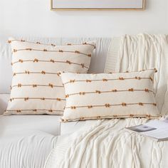 two decorative pillows on a white couch