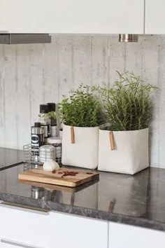 two planters sitting on top of a kitchen counter next to a cutting board and knife