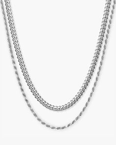 Chic and sleek. This iconic duo features our favorite 3mm Cuban + 2mm Rope Chains in shimmering sterling silver. Pair them together or on their own, they come with a two-inch extension chain so you can wear them your way.