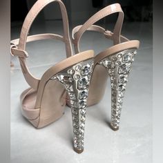 Miu Miu Nude Crystal Encrusted High Heels With Platform In Nude Patent Leather. Size 38, Us 8 Worn Once. Pristine Condition, Like New. 5.5” Heel With 1” Platforms Luxury Embellished Ankle Strap Heels, Designer Embellished Ankle Strap Heels, Designer Embellished Heels With Ankle Strap, Luxury Crystal Embellished Heels For Spring, Luxury Pointed Toe Sandals With Rhinestones, Luxury Embellished Pointed Toe Heels, Luxury Rhinestone Pointed Toe Sandals, Luxury Leather Heels With Rhinestones, Luxury Leather Miu Miu Sandals