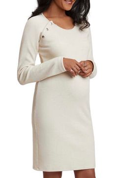 Snaps at the shoulder make breast-feeding in this long-sleeve dress easy and discreet once baby arrives. The stretchy knit and figure-skimming silhouette will flatter your changing figure before and after your little one arrives. 38" length Front snap closure Scoop neck Long sleeves 97% cotton, 3% spandex Machine wash, dry flat Made in the USA of imported fabric Women's Clothing Nursing Sweater, Maternity Sweater Dress, Maternity Nursing Dress, Designer Maternity, Nursing Dress, Maternity Sweater, Maternity Nursing, Sweater Dress Women, Maternity Wear