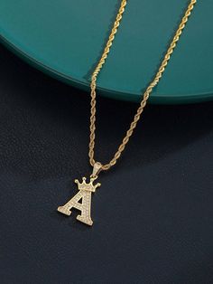 Style:Casual \nDetails:Rhinestone \nColor:Yellow Gold \nMaterial:Copper \nType:Pendant Necklaces \nApplicable Age:3-14Y \n Necklace For Boys, Twist Necklace, Letter Pendant Necklace, Rope Chain Necklace, Versatile Jewelry, Letter Charm, Kids Necklace, Watches Women Fashion, Letter Charms