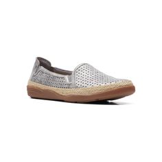 You will love the lightweight and comfortable design of these Clarks Elaina Ruby leather espadrille shoes. Click this FOOTWEAR GUIDE to find the perfect fit and more! FEATURES Flexible and lightweight design Foam footbed for all day comfort Durable rubber outsole Slip-on for easy on and offDETAILS Leather upper Textile lining TPR outsole Round toe Slip-on Foam footbed Non-skid outsole 1.37-in. heel height Spot clean Imported Size: 9. Color: Pewter. Gender: female. Age Group: adult. Spring Leather Flats For Walking, Spring Closed Toe Slip-ons For Walking, Spring Walking Closed Toe Slip-ons, Synthetic Slip-on Espadrilles With Textured Sole, Casual Slip-on Flats With Perforations, Spring Slip-ons For Walking, Slip-on Synthetic Espadrilles With Cushioned Footbed, Slip-on Closed Toe Synthetic Espadrilles, Slip-on Synthetic Closed Toe Espadrilles