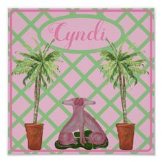 a pink and green poster with two palm trees in front of the words cyndi