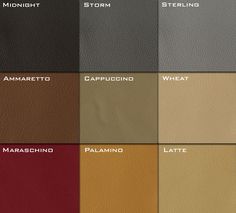 the colors of leathers and fabrics are shown in this color chart, which is also available