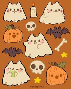 a collection of halloween stickers with cats, bats and pumpkins on brown background