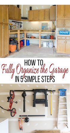 an organized garage with tools hanging on the wall