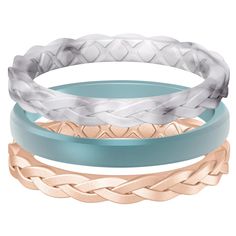 three different colored bracelets with braiding on each side and one in the middle