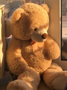 a brown teddy bear sitting on top of a window sill next to a glass door