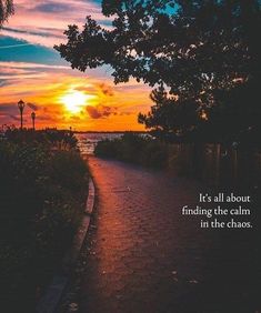 an image of a sunset with the quote it's all about finding the calm in the chaos